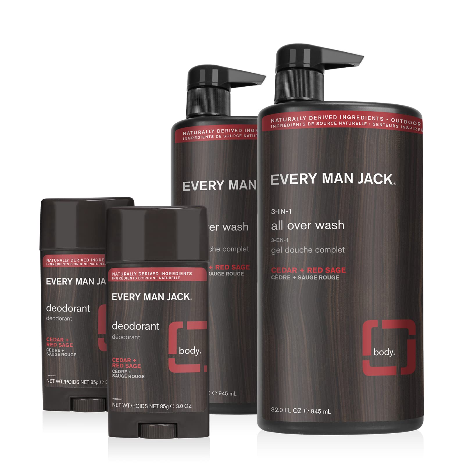 Every Man Jack Men’s All Over Wash + Deodorant Set - Cleanse All Skin Types and Fight Odors with Naturally Derived Ingredients and Cedar + Red Sage Scent - All Over Wash Twin Pack + Deo Twin Pack