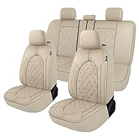 Luxury Leather Car Seat Covers Full Set-Waterproof Seat Protectors with Split Bench Seat Covers for Cars-Universal Cars Interior Covers for Sedans, SUVs, Pick-up Trucks(Beige/Beige Line)