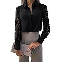 SDEER Women's Lace Splicing Button Down Shirt Blouses Solid Color Lapel Hollow Out Tops Blouses