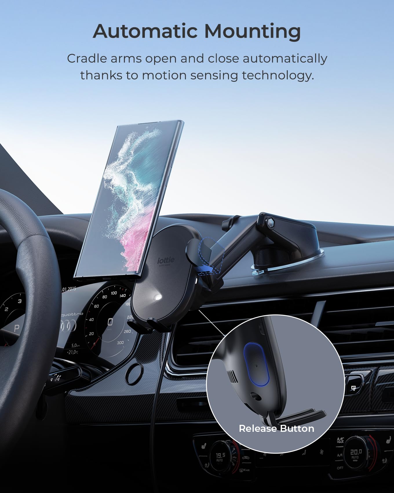 iOttie Auto Sense 2 Dash & Windshield Car Phone Holder with Qi Wireless Charging - Auto Clamping Phone Mount & Charger for Google Pixel, iPhone, Galaxy, Huawei, LG. Power Adapter Not Included.