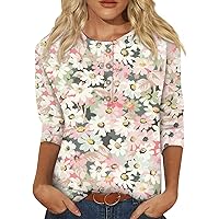 Women's Summer Tops Dressy Casual 3/4 Sleeve Shirts Cute Floral Print Graphic Tees Loose Fit Button Up Blouses
