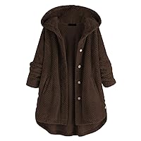 Andongnywell Womens Fuzzy Fleece Jacket Solid Open Front Hooded Buttons Coats Long Sleeve Outwear with Pockets (Coffee,5X-Large)