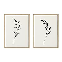 Kate and Laurel Sylvie Minimalist Botanical Sketch No 1 and 2 Black Framed Linen Textured Canvas Wall Art Set by The Creative Bunch Studio, Set of 2, 18x24 Natural, Decorative Nature Themed Art for Wall