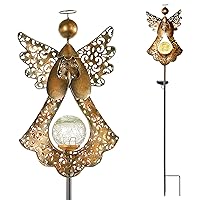 Solar Garden Stake Lights Outdoor Bronze Angel Crackle Glass Globe Stake Metal Lights Waterproof Warm White LED for Garden Lawn Patio or Courtyard