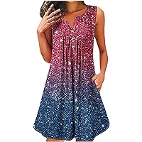 Best Cyber of Monday Deals Womens Casual Sundress with Pockets Henley Neck Loose Tank Dresses Summer Beach Dress Glitter Patterned T-Shirts Dress Vestidos Verano Mujer Red