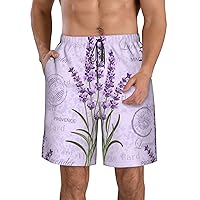 Lavender Stamp Print Men's Beach Shorts Hawaiian Summer Holiday Casual Lightweight Quick-Dry Shorts