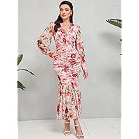 Dresses for Women Floral Print Ruched Mermaid Hem Dress (Color : Pink, Size : Small)