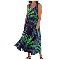 Casual Summer Dres Linen Dress for Women 2024 Bohemian Print Sparkly Fashion Loose Fit with Sleeveless U Neck Summer Dresses Dark Green Small