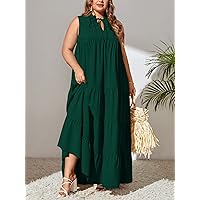 Plus Women's Dress Plus Tie Neck Ruffle Hem Smock Dress (Color : Dark Green, Size : X-Large)