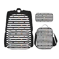 Rainbow Polka Dot Stripe Black and White Backpack Travel Daypack With Lunch Box Pencil Bag 3 Pcs Set Casual Rucksack Fashion Backpacks