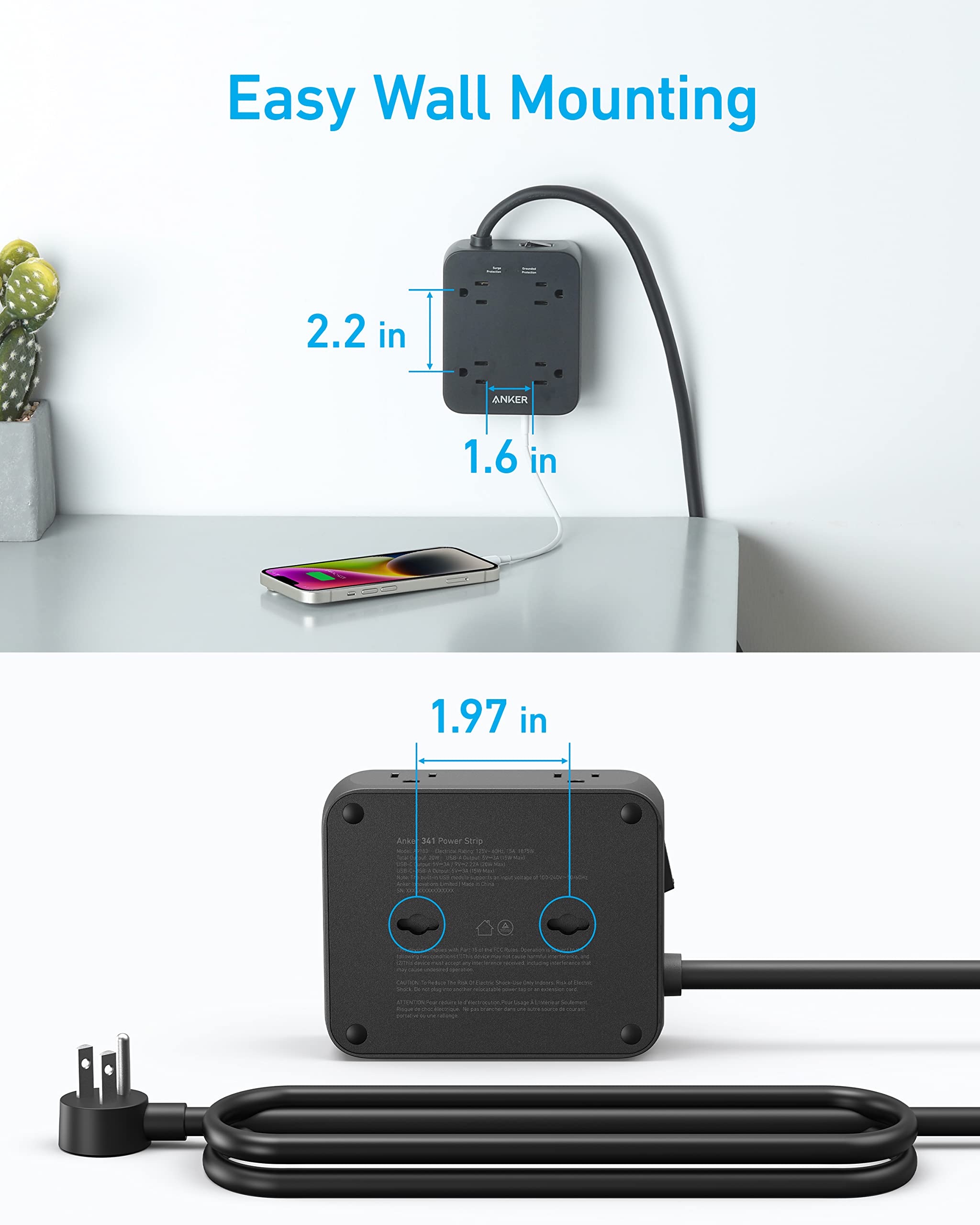 Anker Power Strip with USB Ports,5Ft Flat Plug Extension Cord,Surge Protector(2000J),8 Widely Outlet Extender with 2 USB A Ports and 1 USB C Port,Works with iPhone 14/13,for Home, Office, TUV Listed