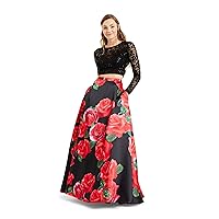 B Darlin Womens Black Sequined Floral Long Sleeve Scoop Neck Full-Length Prom Fit + Flare Dress Juniors 1