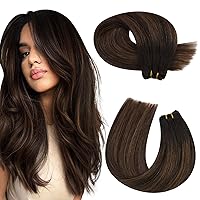Moresoo Weft Hair Extensions Human Hair Brown Balayage Hair Extensions Weft Darkest Brown with Chesnut Brown Ombre Sew in Hair Extensions Double Weft 16Inch 100G
