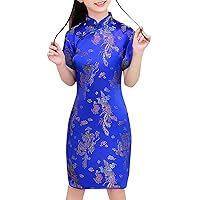 Girls Dress Kids Short Sleeve Stand up Collar Plated Buckle Chinese Cheongsam New Year's Gown Holiday Dresses