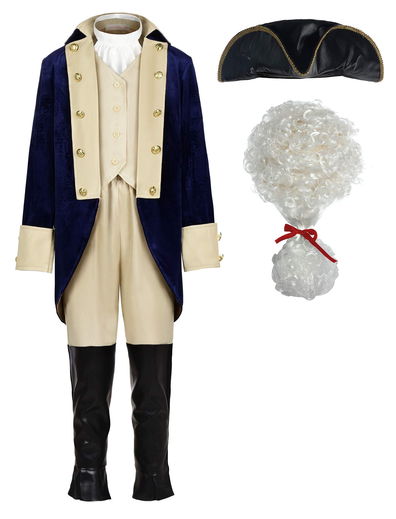 ReliBeauty Washington Costume Boys Hamilton American Colonial Uniform with Wig