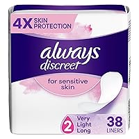 Always Discreet for Sensitive Skin Liners Light Long Absorbency, Four Times Skin Protection, Soft, Dermatologically Tested, Fragrance-Free, 38 Count