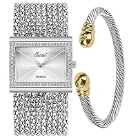 Gosasa Women's Gold Silver-Tone Multi-Chain Bracelet Watch Lady Female Dress Analog Quartz Wrist Watches with Cuff Bangle Stainless Steel Bracelets Set