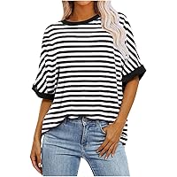 Womens Summer Tops Casual Crewneck Short Sleeve Striped Printed Oversized T Shirts Trendy Pullover T Shirts Blouses