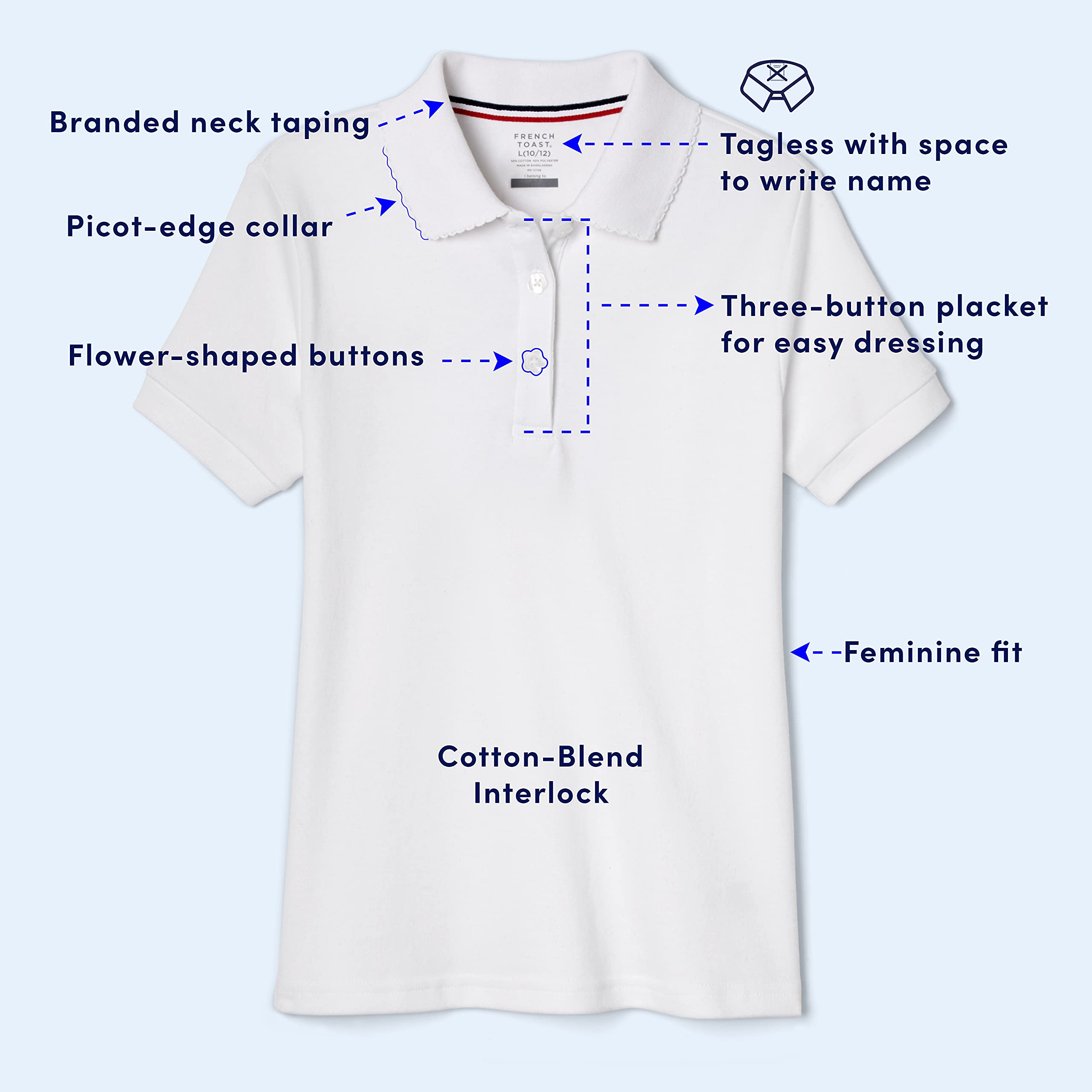French Toast Girls' Short Sleeve Picot Collar Polo Shirt (Standard & Plus)