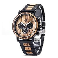 Kim Johanson Men's Military* Wooden Stainless Steel Watch in Light Brown Chronograph with Stopwatch and Link Bracelet Handmade Quartz Analogue Watch with Gift Box, brown, Bracelet