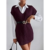 Sweater Dress for Women- Neck Cable Knit Vest Sweater Dress Without Belt (Color : Maroon, Size : Large)