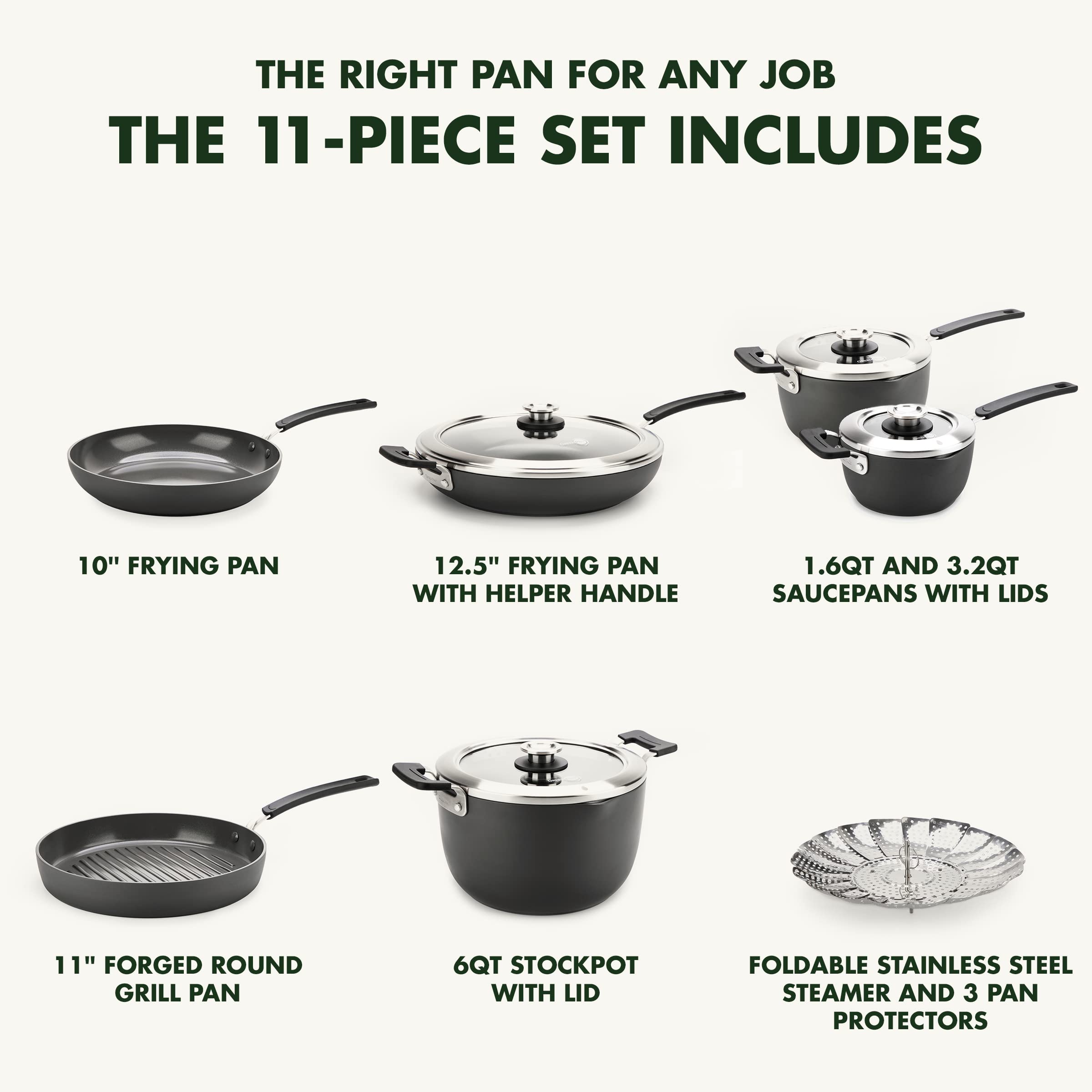 GreenPan Levels Stackable Hard Anodized Healthy Ceramic Nonstick 11 Piece Cookware Pots and Pans Set, PFAS-Free, Dishwasher Safe, Black