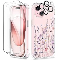 GVIEWIN for iPhone 15 Case, [5 in 1] with 2X Screen Protector & 2X Camera Lens Protector, Clear Soft Shockproof Slim Fit Floral Phone Cover for Women Girls 2023 6.1
