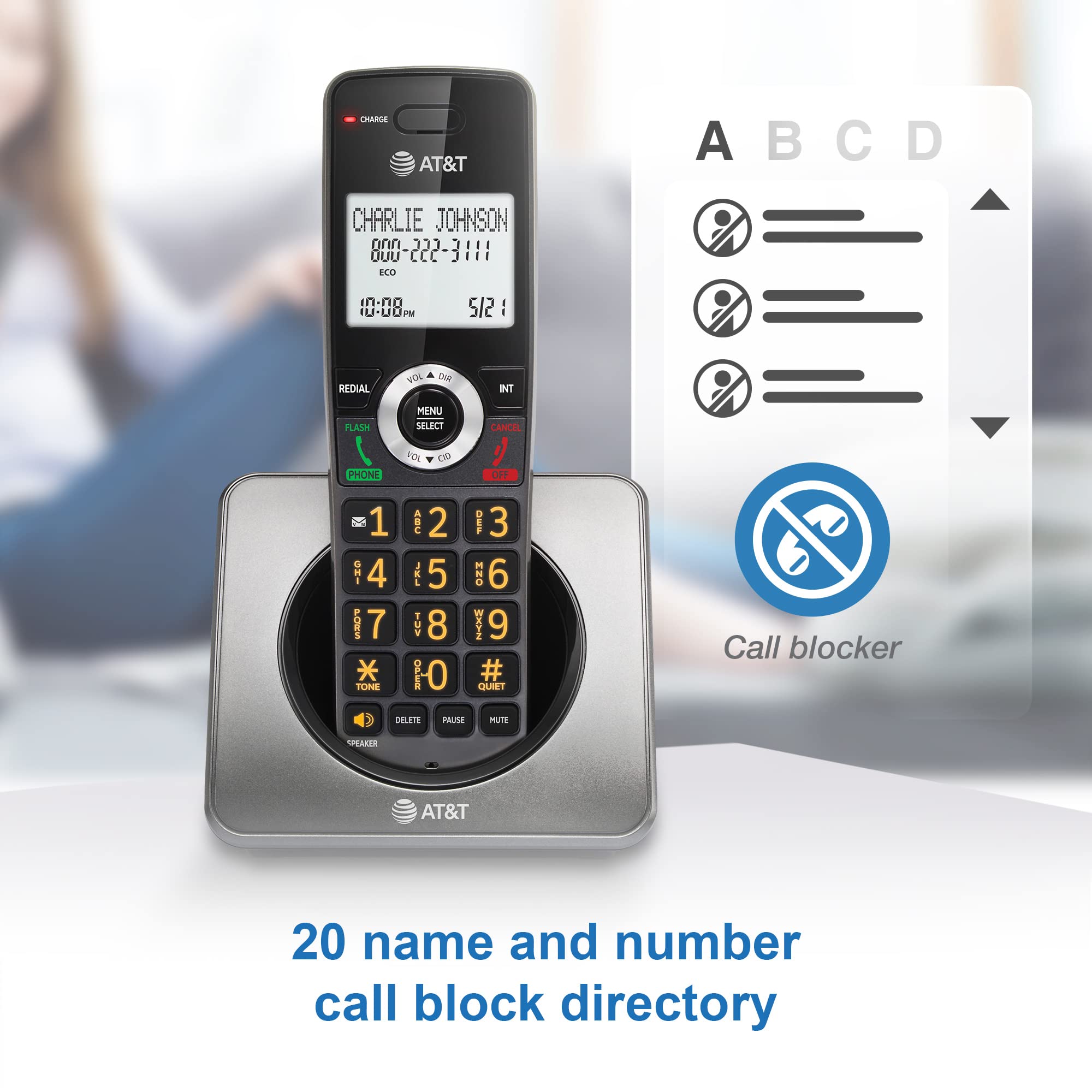 AT&T GL2101-2 DECT 6.0 2-Handset Cordless Home Phone with Call Block, Caller ID, Full-Duplex Handset Speakerphone, 2