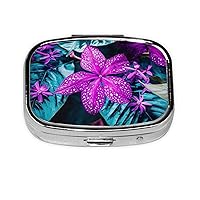 Cute Purple Flowers Print Pill Box Square Metal Pill Case with 2 Compartment Portable Travel Pillbox Cute Mini Medicine Organizer for Pocket Purse