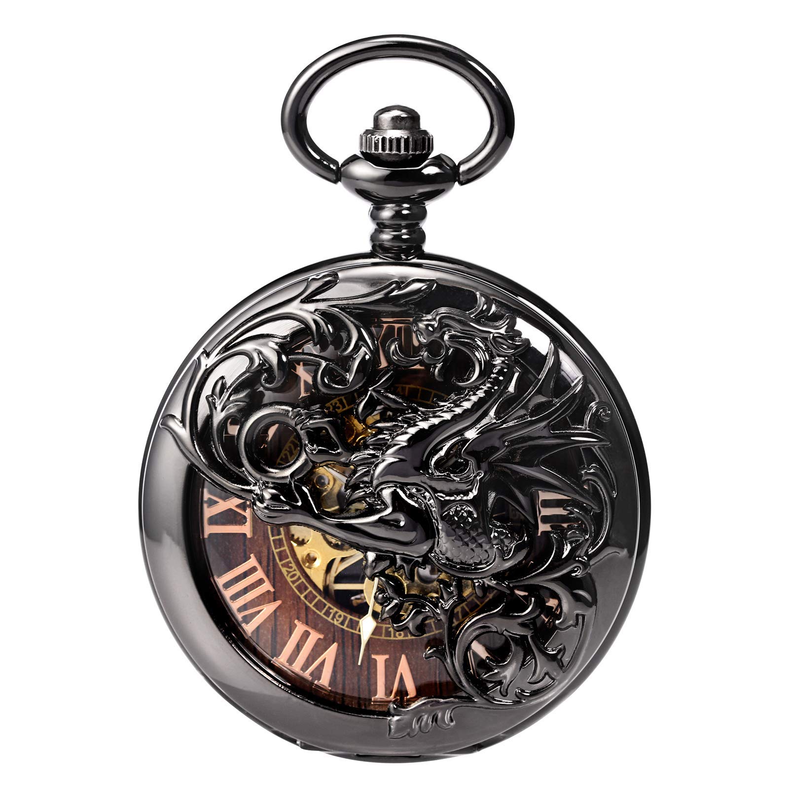 TREEWETO Antique Dragon Mechanical Skeleton Pocket Watch with Chain