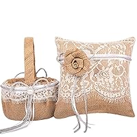 Ring Bearer Pillow and Wedding Flower Girl Basket Set BurlapLace Collection Wedding Anniversary Celebrations Party Decoration
