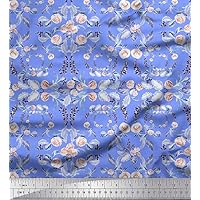 Soimoi Georgette Viscose Fabric Wreath,Leaves & Denmark Rose Floral Fabric Prints by Yard 42 Inch Wide