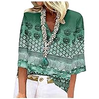 Women Summer 2024 Casual Loose Shirts 3/4 Sleeve Print V Neck Tops Print Summer Vacation Tops for Women