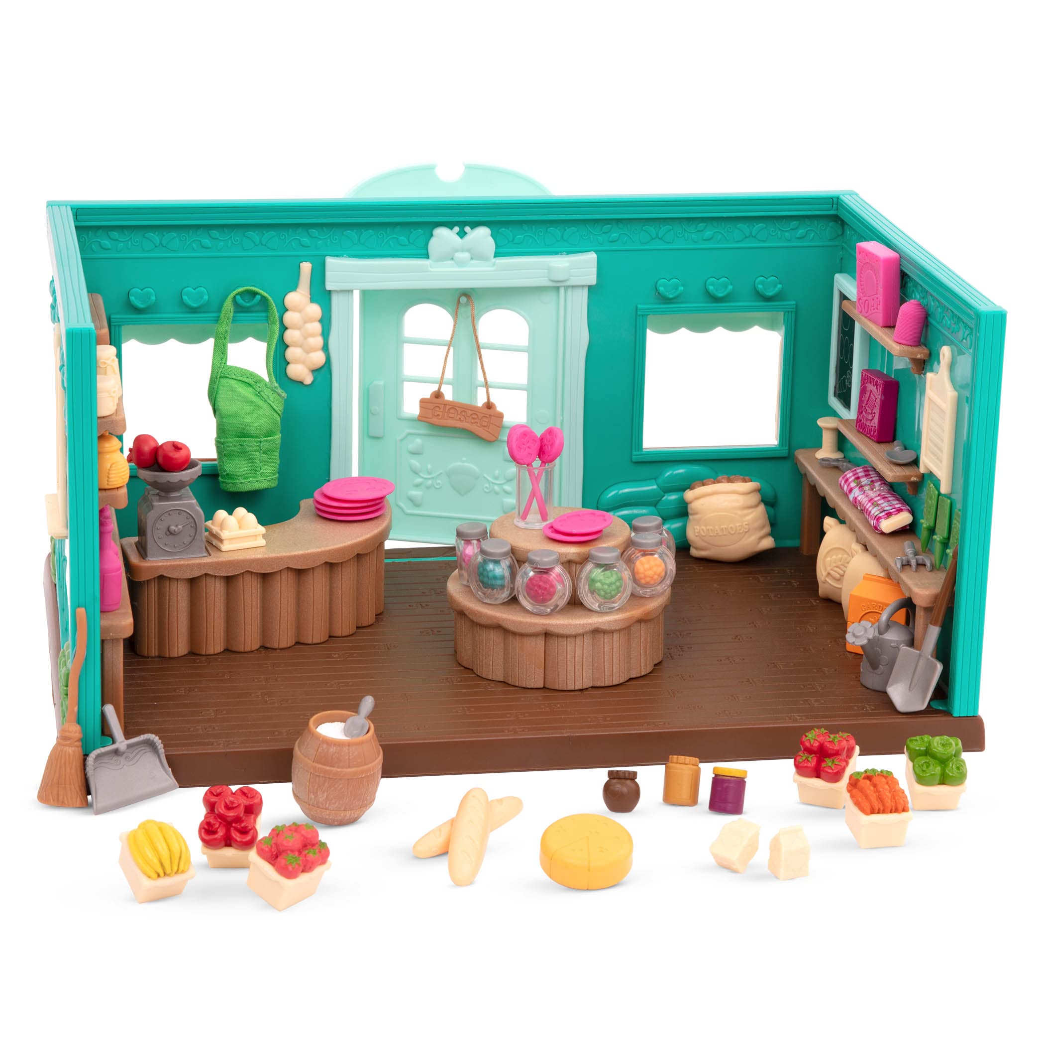 Lil Woodzeez - Toy Figures Playset – General Store Playhouse – Stackable – Mini Furniture & Play Food – Storybook & posable figures Included – 3 Years +