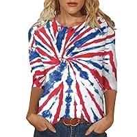 Red White and Blue T-Shirt 3/4 Sleeve Women's Fashionable Casual 4th of July Tops for Women Plus Size Printed Crew Neck Top