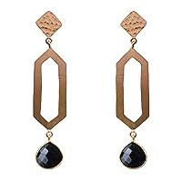 18K Gold Filled Large Hexagon Shaped Hammered Matt Finish Long Handcrafted Earrings, Black Spinel Pear Shape drops | Handmade Jewelry