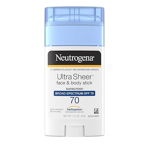 Neutrogena Ultra Sheer Non-Greasy Sunscreen Stick for Face & Body, Broad Spectrum SPF 70 UVA/UVB Sunscreen Stick, PABA-Free, 1.5 oz
