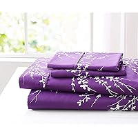 Spirit Linen King Size Sheets Set - Pure Microfiber 4 Piece Polyester Bed Sheets - King Size Sheets Set for All Seasons (Foliage Purple/White, King)