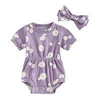Karwuiio Newborn Baby Girl 2 Piece Outfits Short Sleeve Knit Jumpsuit Romper with Headband Summer Clothes