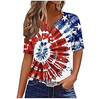 4Th of July Tshirt for Women Short Sleeve American Flag Print Graphic Tee Shirts Causal Button V Neck Independence Day Tops