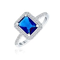 Bling Jewelry 3CT AAA CZ Pave Band Rectangle Solitaire Halo Blue Simulated Sapphire Emerald Cut Engagement Ring For Women .925 Sterling Silver