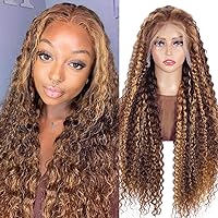 Honey Blonde 13x6 Deep Wave Lace Front Wigs Human Hair 22 inch 4/27 Highlight Ombre Deep Wave HD Transparent Lace Front Wigs Pre Plucked 200% Density Wet And Wavy Curly Lace Frontal Wig for Women