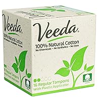Veeda 100% Natural Cotton Compact BPA-Free Applicator Tampons Chlorine, Toxin and Pesticide Free, Regular, 16 Count