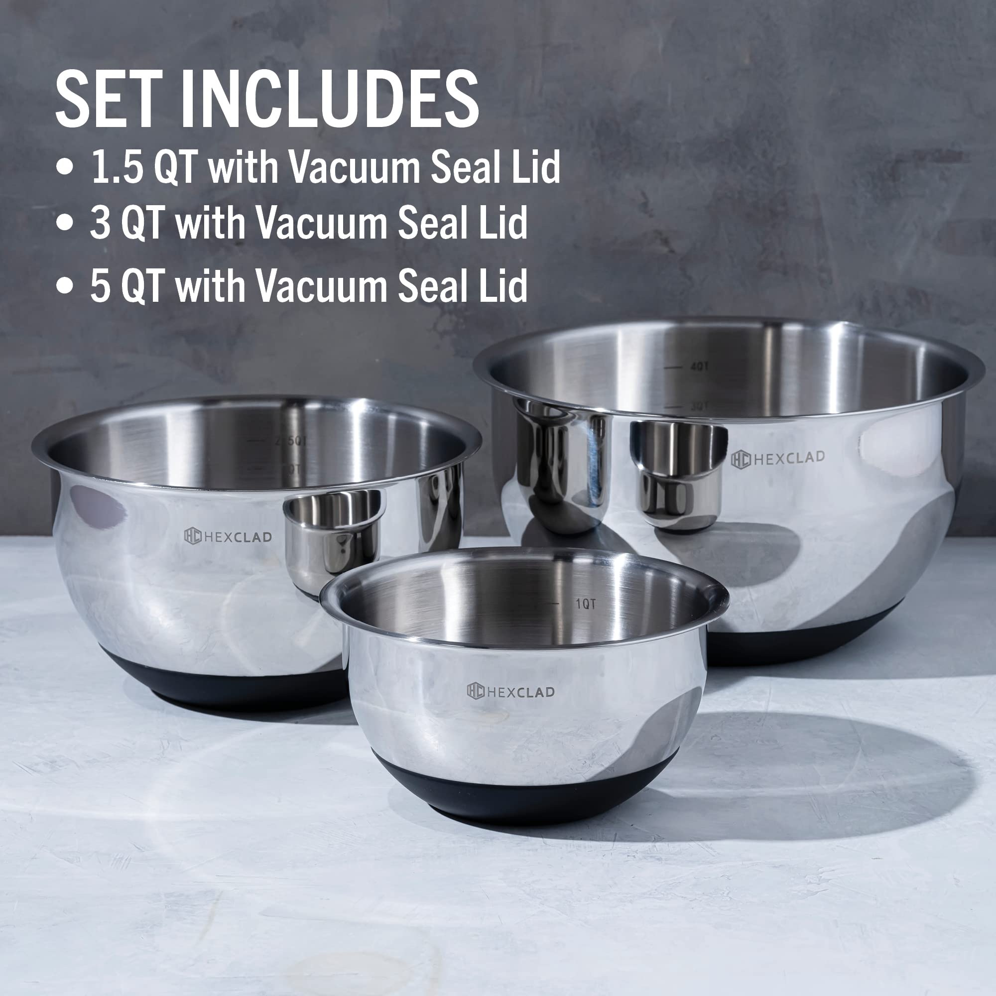 HexClad Cookware Set of Three Stainless Steel Mixing Bowls with Air Tight Vacuum Seal and Non-Slip Safety Base, 1.3,3 and 5 Quarts
