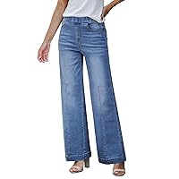 GRAPENT Pull On Womens Jeans Baggy Stretchy High Waisted Denim Wide Leg Trouser Pants Trendy Front Seam 90s Loose Jean