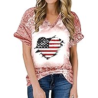 July 4th Women Tie Dye Distressed Patriotic T-Shirts Summer Heart USA Flag Casual V Neck Short Sleeve Tee Tops