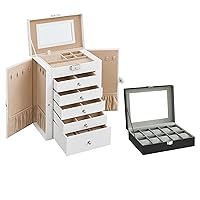 SONGMICS 6-Tier Jewelry Box and 10-Slot Watch Box Bundle, Jewelry Case with 5 Drawers, Watch Case with Large Glass Lid, Large Storage Capacity, Mirror, Lock, White and Black UJBC152W01 and UJWB010BK