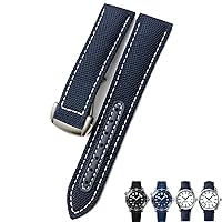19mm 20mm Woven Nylon Watch Strap Black Blue Deployment Buckle Leather Watch Bands for Omega AT150 Aqua Terra Seamaster Tissot (Color : Blue White Silver, Size : 22mm)