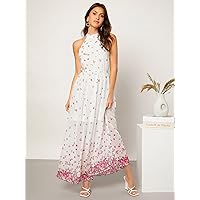 Dresses for Women - Floral Print Keyhole Back Chunky Heeled Halter Dress (Color : Multicolor, Size : Small)