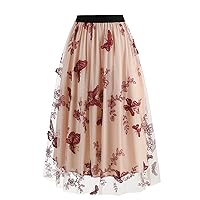 Women's Retro 50s Vintage Butterfly Tulle Embroidery Flared A-Line Pleated Midi Skirt Knee Length Lace Mesh Skirts